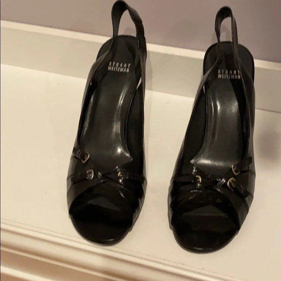 HP 5/3 Stuart Weitzman Buckettes black peep toe sling back size 11M - Picture 2 of 10